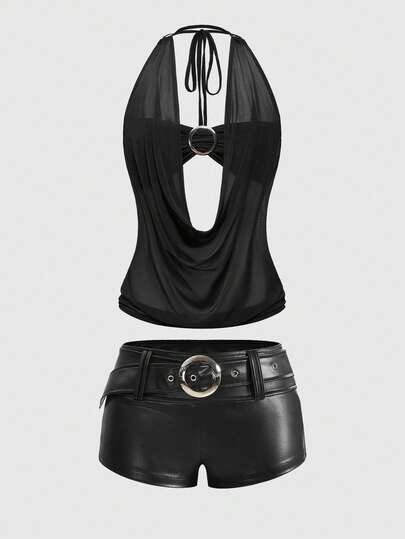 ROMWE Avant Women's Retro Gyaru Style PU Decorated Draped Neck Tie Backless Crop Top Paired With Mini Bodycon Shorts 2 Piece Set