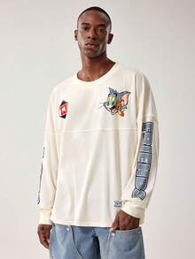 TOM & JERRY X SHEIN Men's Casual Letter & Cartoon Graphic Round Neck Long Sleeve T-Shirt, Autumn - Apricot - View 5