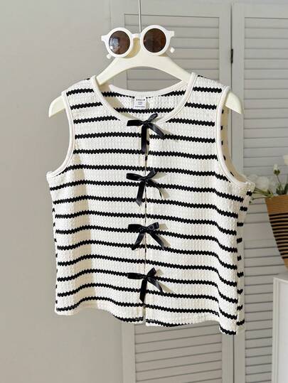 Tween Girl Casual Minimalist Comfortable Round Neck Pullover Striped Bow Decor Tank Top