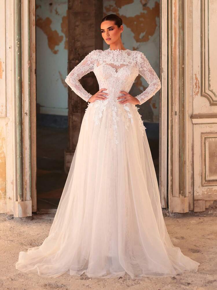 Aureia Elegante y lujoso vestido de novia romántico con cuello alto, mangas largas, escote en forma de corazón bordado, silueta que cintura la cintura, falda de malla acampanada con cintura anudada, adecuado para varias ocasiones formales - Blanco - Añade 5