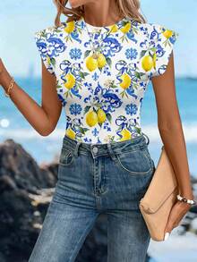 SHEIN LUNE 女士休闲柠檬印花连体衣，适合春夏季节、度假和海滩穿着 - 彩色 - 查看 2