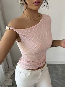 Elenzga Women's Elegant Beach Vacation Knit Asymmetrical Shoulder Top, Pink, Short Sleeve, Fitted, Metal Accent - Purple - View 3