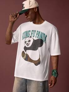 Kung Fu Panda X SHEIN Áo thun nam tay ngắn màu trắng in chữ hoạt hình, thích hợp mặc hàng ngày đi làm, mùa hè. - trắng - Xem 4