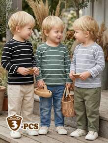 Vintaside Kids 3pcs/Set Newborn Baby Boy Striped Long Sleeve T-Shirt,Autumn Casual Round Neck Undershirt,Black White/Gray Green,Back-To-School Carrer Day School - Multicolor - View 1
