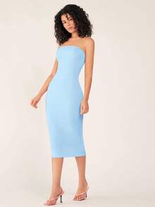 SHEIN BASICS Women'S Strapless Slim Fit Bodycon Casual Dinner Dress - Blue - View 4
