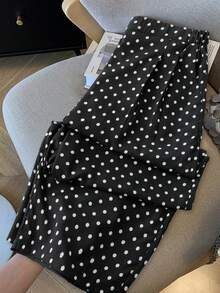 SHEIN Essnce 大码女装春夏时尚休闲宽松舒适清爽日常百搭波点印花弹力腰阔腿裤，女式下装，宽松裤，可爱夏季，欧洲夏季，度假，机场女装春季优雅休闲度假春季下装 - 黑色 - 查看 1