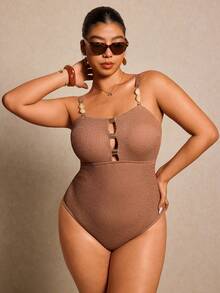 Elaquor 大码女式纯色镂空性感吊带连体泳衣 - 卡其色 - 查看 1