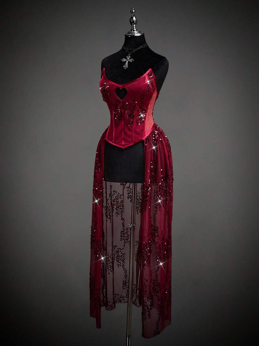 SHEIN ICON Vestido de mujer con bandeau de malla con lentejuelas de moda y sexy - Rojo - Ver 1