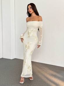 SHEIN PETITE 女士露肩网纱花卉提花修身优雅中长连衣裙，秋季，女士秋季连衣裙，长款派对连衣裙，外出连衣裙，白色民事婚礼连衣裙，女士优雅连衣裙，时尚连衣裙，婚礼宾客连衣裙，伴娘连衣裙 - 白色 - 查看 6