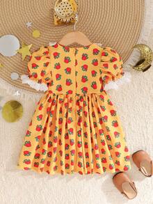 SHEIN Middle Eastern Style Puff Sleeve A-Line Burgundy Rose Star & Moon Print Lace Trim Dress - Yellow - View 12