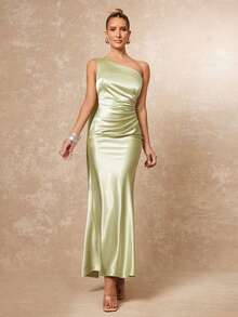 Lumalex 女士优雅绿色不对称领口荷叶边褶皱开衩无袖修身喇叭连衣裙，春夏款 - 綠色 - 查看 8