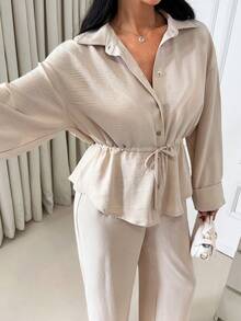 EURMUSE Drawstring Waist Shirt Set, Relaxed Fit Silhouette, Wide-Leg Pants, Soft Textured Fabric, Collared Button-Down Top, Effortless Minimalist Style, Timeless Taupe Tone, Comfortable Everyday Chic