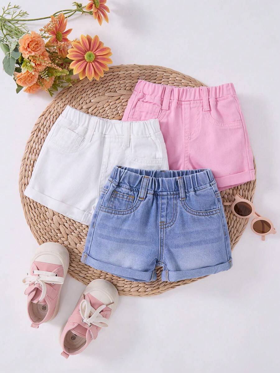 SHEIN 3pcs/Set Baby Girl Blue, White, Pink Denim Shorts,Spring, Summer,Casual And Fashionable Vacation,Street Wear,2000s Style, Comfortable And Soft Denim,Baby Girl Denim Shorts,Vacation,Vacation Shorts - Multicolor - View 1