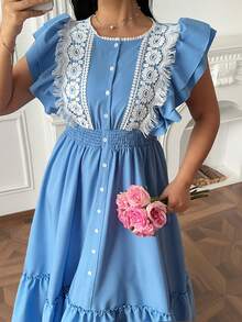 Vibekara Nuevo Vestido de Primavera/Verano con Estilo Francés Elegante, Encaje Patchwork, Cintura Ceñida y Mangas Largas Acampanadas - Azul - Ver 5