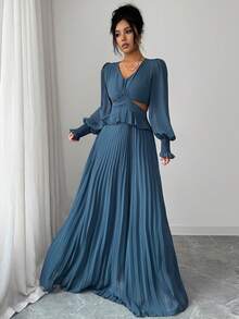 Modelyn 女士褶皱镂空荷叶边下摆连衣裙 - 霧霾藍 - 查看 1