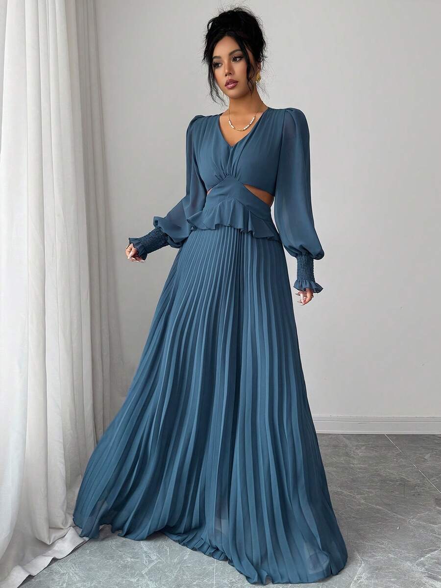 Modelyn 女士褶皱镂空荷叶边下摆连衣裙 - 霧霾藍 - 查看 1