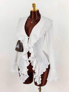 Amplova Women's Fashionable Sexy & Sweet Ruffle Flare Sleeve Cardigan, Autumn/Winter Ruffle Blouse White Ruffled Top White Boho Top - Apricot - View 4