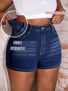 Slaydiva Quần short denim cỡ lớn, cạp cao, kiểu dáng thường ngày, đã giặt, in họa tiết cờ, quần short denim dáng ôm, quần short denim màu xanh đậm, phong cách Y2K mùa hè cho nữ, trang phục lễ hội mùa xuân, trang phục đi biển cho nữ, trang phục du lịch cho nữ. - Rửa tối - Xem 1