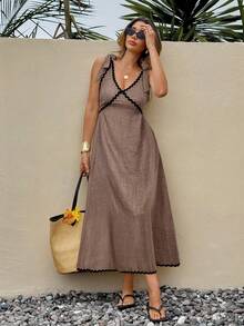 SHEIN Frenchy Đầm nữ mùa hè kiểu dáng thường ngày, thoải mái, phối ren sóng tương phản, xếp ly, buộc dây vai, hở lưng. - màu nâu - Xem 4