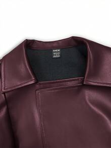 Leighera 女士纯色翻领PU皮夹克口袋裙套装，时尚百搭，适合度假和通勤。 - 酒紅色 - 查看 14