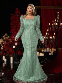 Glamrae 大码优雅浪漫香槟色方领长袖薄纱水钻珍珠装饰鱼尾连衣裙，适合婚礼、派对、正式场合、晚宴、正式晚礼服（重工装饰设计） - 綠色 - 查看 5