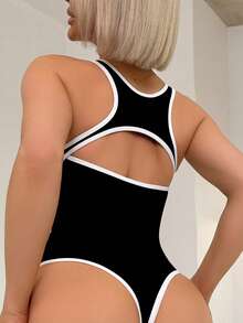 Slayform Bộ đồ liền thân hở lưng không tay viền tương phản - màu đen - Xem 8