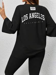 Mulvari 2pcs/Set Women Casual Letter Print T-Shirt And Skinny Pants - Black - View 2