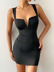 Aloruh 女士性感V领紧身迷你连衣裙，黑色，春夏款 - 黑色 - 查看 3