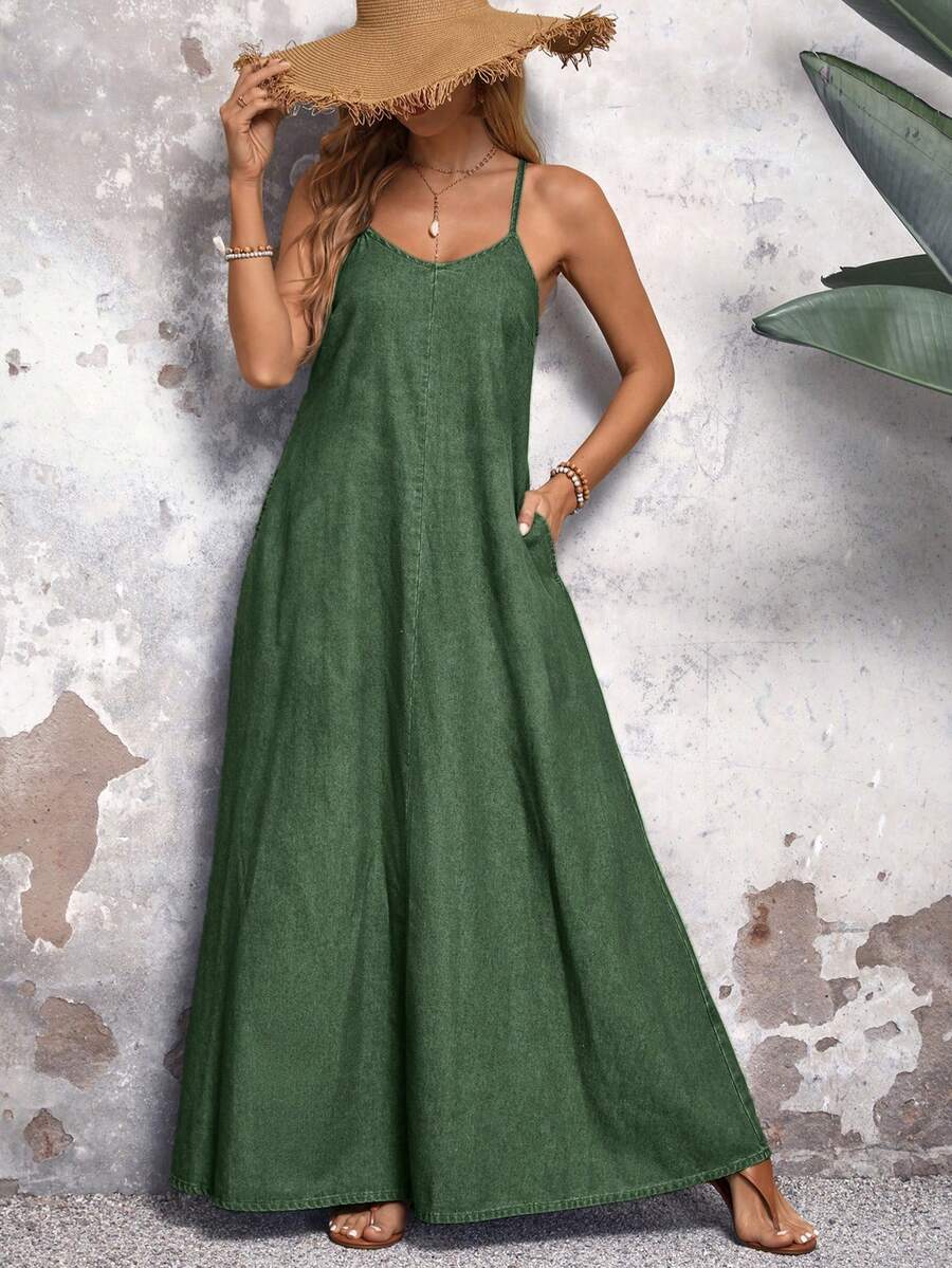 EMERY ROSE Colorful Spaghetti Strap Loose Long Denim Dress, Casual Everyday Wear - Green - View 1
