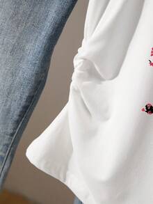 Resyla Áo nữ dáng ôm, xếp ly, in họa tiết hoa và bướm, màu trắng, thích hợp mặc ngoài trời, đa năng và thanh lịch, phù hợp cho mùa tựu trường, Ngày Nhà giáo. - trắng - Xem 6