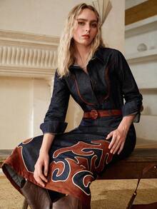 MOTF PREMIUM 女士优雅撞色滚边牛仔衬衫（不含腰带） - 黑色 - 查看 4