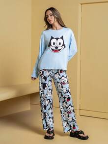 SHEIN Felix The Cat Conjunto de Pijama Feminino com Estampa de Gato Cartoon, Manga Longa e Calça Confortável, Outono - Azul - Visão 7