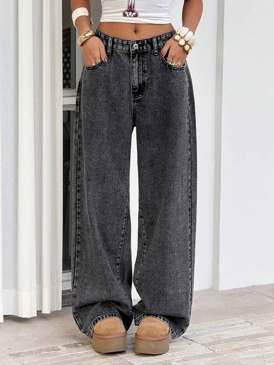 SHEIN PETITE 休闲水洗复古低腰直筒牛仔裤 - 深灰色 - 查看 1