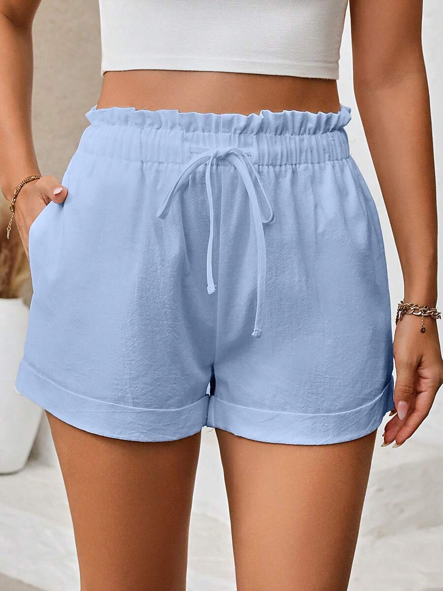 Breezaya Quần short ống rộng, màu trơn, cạp chun, dây rút, có túi và gấu. - Màu xanh nhạt - Xem 1