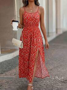 Vestido elegante y casual para mujer, diseño largo, cuello de tirantes ajustable, tela de poliéster y elastano, abertura en la pierna. Interior fresco y cómodo, ideal para temporadas de verano y primavera. En algunos colores, el tono y estampado pueden variar. - Rojo - Ver 3