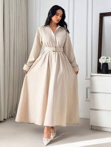 EURMUSE 系带衬衫裙，飘逸A字廓形，翻领设计，长袖款式，柔软羊毛混纺面料，优雅简约风格，经典米色调，尽显女性柔美气质。 - 米色 - 查看 3