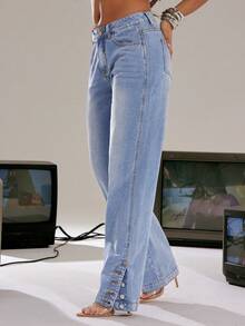 Denimoi Straight Leg Ankle Slit Button Detail Denim Jeans - Light Wash - View 2