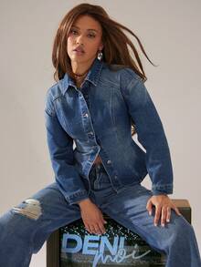 Denimoi 收腰翻领纽扣长袖牛仔上衣 - 中等水洗藍 - 查看 6