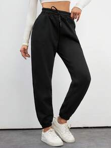 SHEIN Tall Cotton Tall Ladies' Drawstring Waist Solid Color Jogging Pants - Black - View 4
