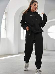 EURMUSE Cotton Slogan Graphic Drop Shoulder Drawstring Hoodie & Sweatpants - Black - View 4
