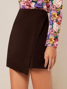 SHEIN Essnce 女士休闲纯色简约短裙 - 咖啡棕 - 查看 3