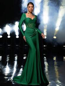 Glamrae 优雅奢华的串珠亮片拼接弹力针织美人鱼长裙，长袖设计，适合婚礼、派对、度假、盛大晚宴和正式场合。 - 墨綠色 - 查看 7