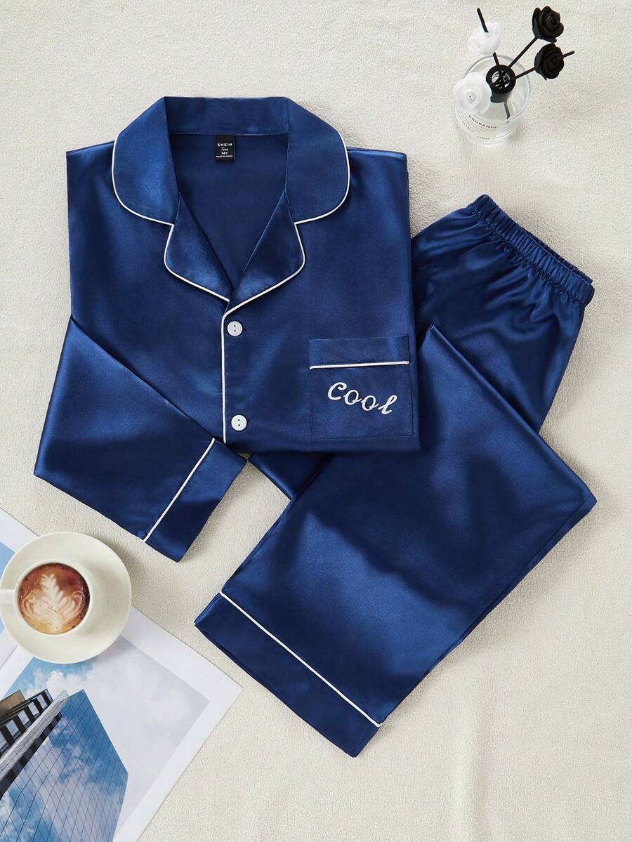 Teen Boys Pajamas-2 Piece Pajama Set Navy Blue Piped Collar Long Sleeve Button Top With Chest Pocket Elastic Waist Straight Long Pants Home Sleep Loungewear Relaxed Fit Four Seasons 2026 New Year Holiday Essential Gift - Royal Blue - View 1