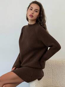 Aloruh Women's Stand Collar Raglan Sleeve Loose Pullover Sweater And Mini A-Line Skirt 2-Piece Set, Vintage Style Knit Outfit For Daily Wear - Coffee Brown - View 7