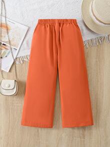 SHEIN Elladie kids 女童休闲纯色纽扣装饰裤 - 橘色 - 查看 2