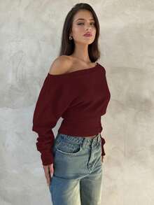 Aloruh 杏色针织不对称肩部长袖上衣，女士秋冬款 - 酒紅色 - 查看 4