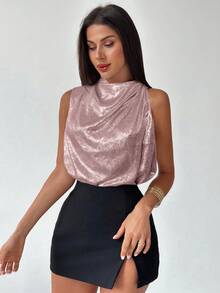 Firerie Blusa asimétrica plisada de oro elegante y de moda para uso diario, oficina, vacaciones y festivales musicales - Rosa - Ver 8