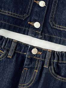 SHEIN 2pcs/Set Young Girl Navy Blue Denim Cropped Jacket And Mini Skirt - Dark Wash - View 3