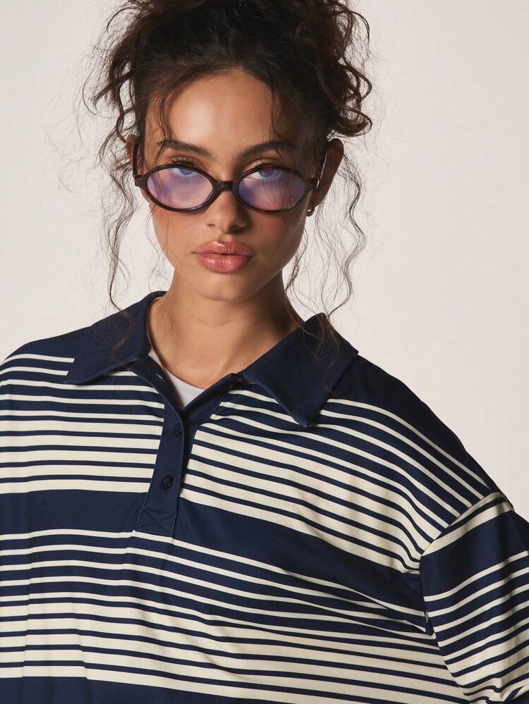 MISSGUIDED Top décontracté à col polo rayé horizontal à double couche oversize pour l'automne et l'hiver