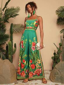 Travachic 女式梭织印花宽松阔腿连体裤 - 綠色 - 查看 3